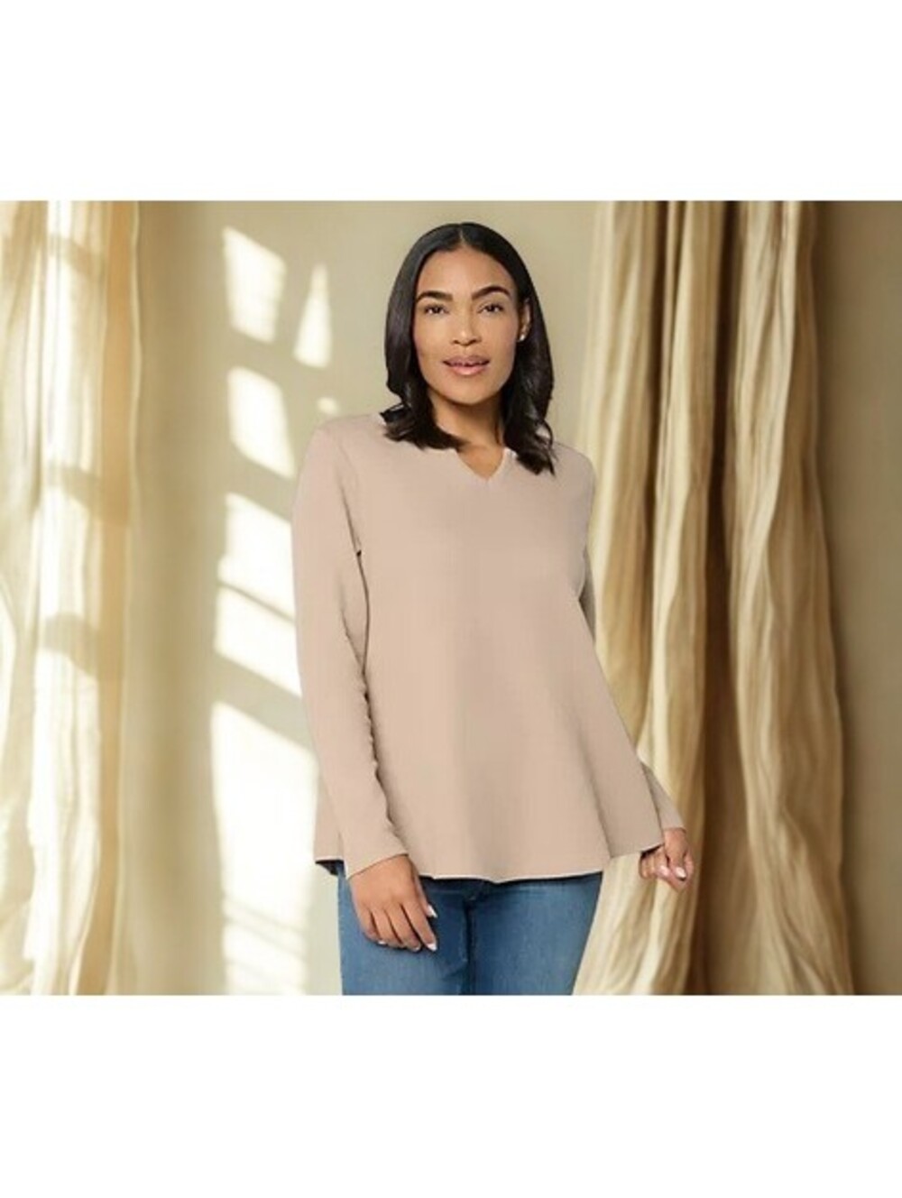 Denim & Co. Essentials Waffle Knit Split Neck Swing Top SIZE L